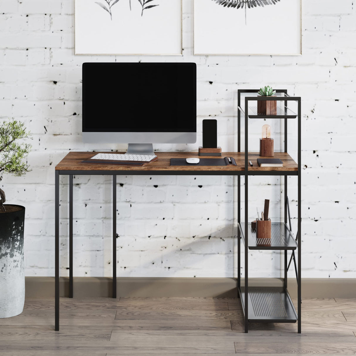 All-in-One Computer Desk with Shelves – Modern Industrial Style, Wood and Steel for Home Office, Bedroom, or Craft Table