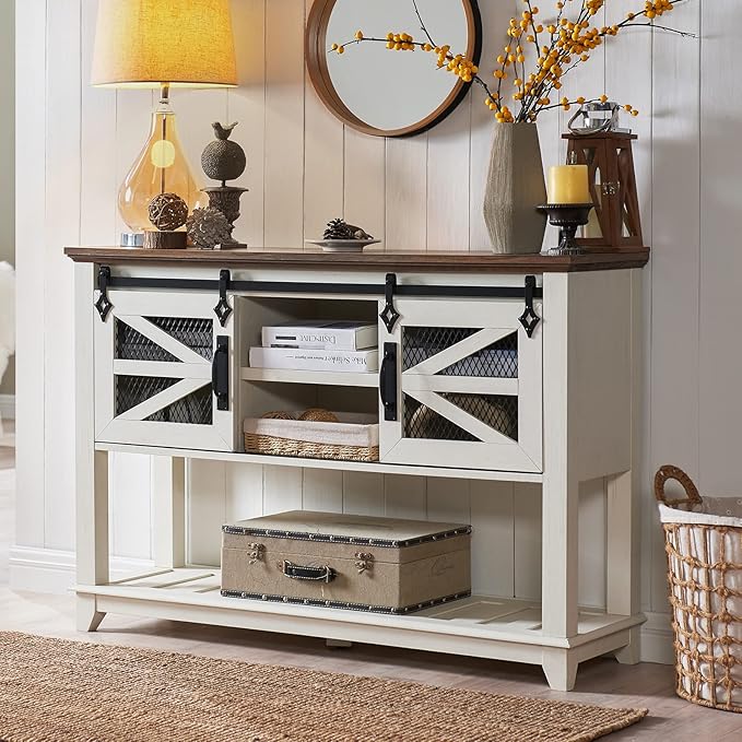 Entryway Table w/Sliding Barn Doors, 46'' Farmhouse & Industrial Console Table