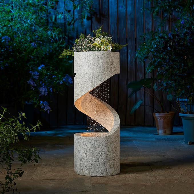 Tiered Outdoor Water Fountain with LED Light, Curved Outdoor Fountain Waterfal