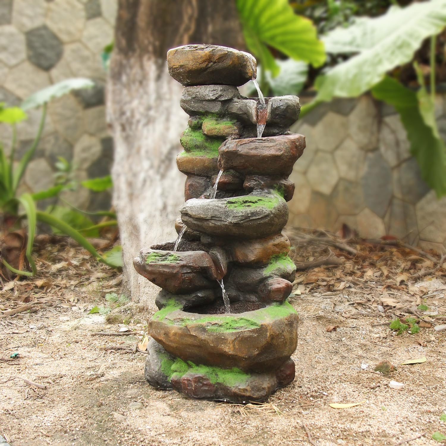 37.4" H 6-Tiers Cascading Rock Outdoor Water Fountain with LED Lights Outdoor Fountains