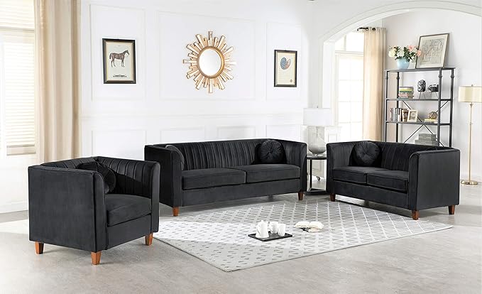 55" Modern Loveseat with Soft-Cushioned Backrest, Piped Details & Tapered Wood Legs