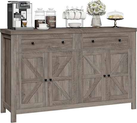 55" Buffet Sideboard Cabinet with Storage, Modern Farmhouse Coffee Bar Cabinet with Drawers and Shelves, Barn Doors Storage Cabinet for Kitchen, Living Room, White