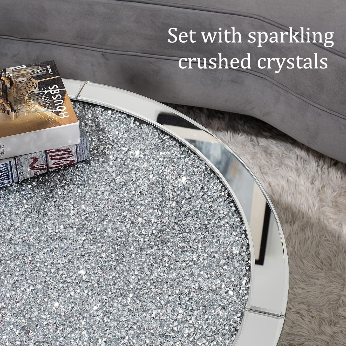 Mirrored Coffee Table with Crystal Inlay, 31.5'' Modern Round Coffee Table with Mirror Surface,