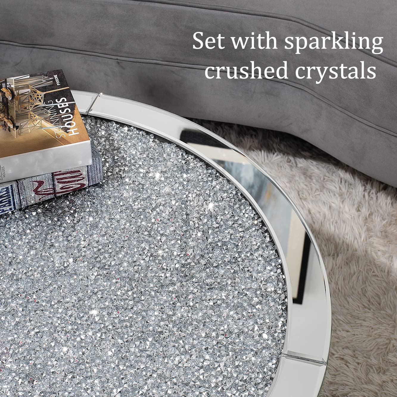 Mirrored Coffee Table with Crystal Inlay, 31.5'' Modern Round Coffee Table with Mirror Surface,