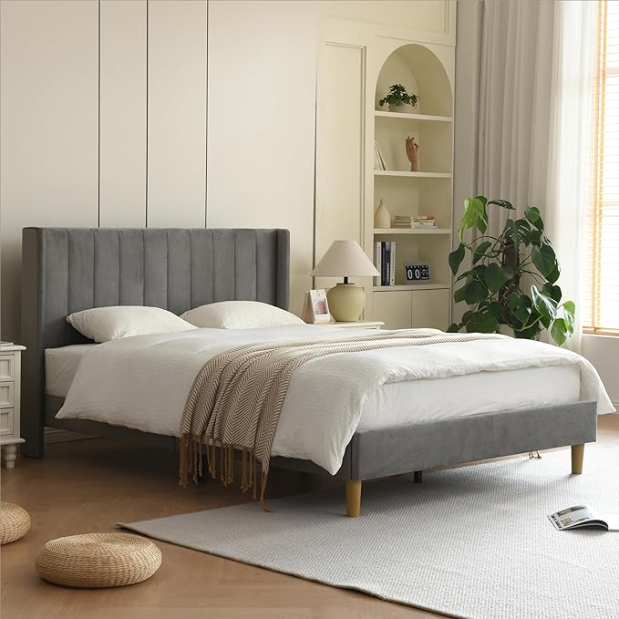 Modern Upholstered Bed Frame with Double Wingback Headboard