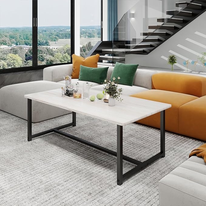 Industrial Coffee Table with Rectangle Wood and Stable Metal Frames