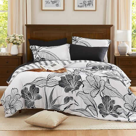 Queen Comforter Set, 7 Pieces Black and White Floral Comforter Set with Sheets for Queen Size Bed, Flower Pattern Queen Bedding Set, Soft Lightweight Breathable Bed in a Bag for All Seasons