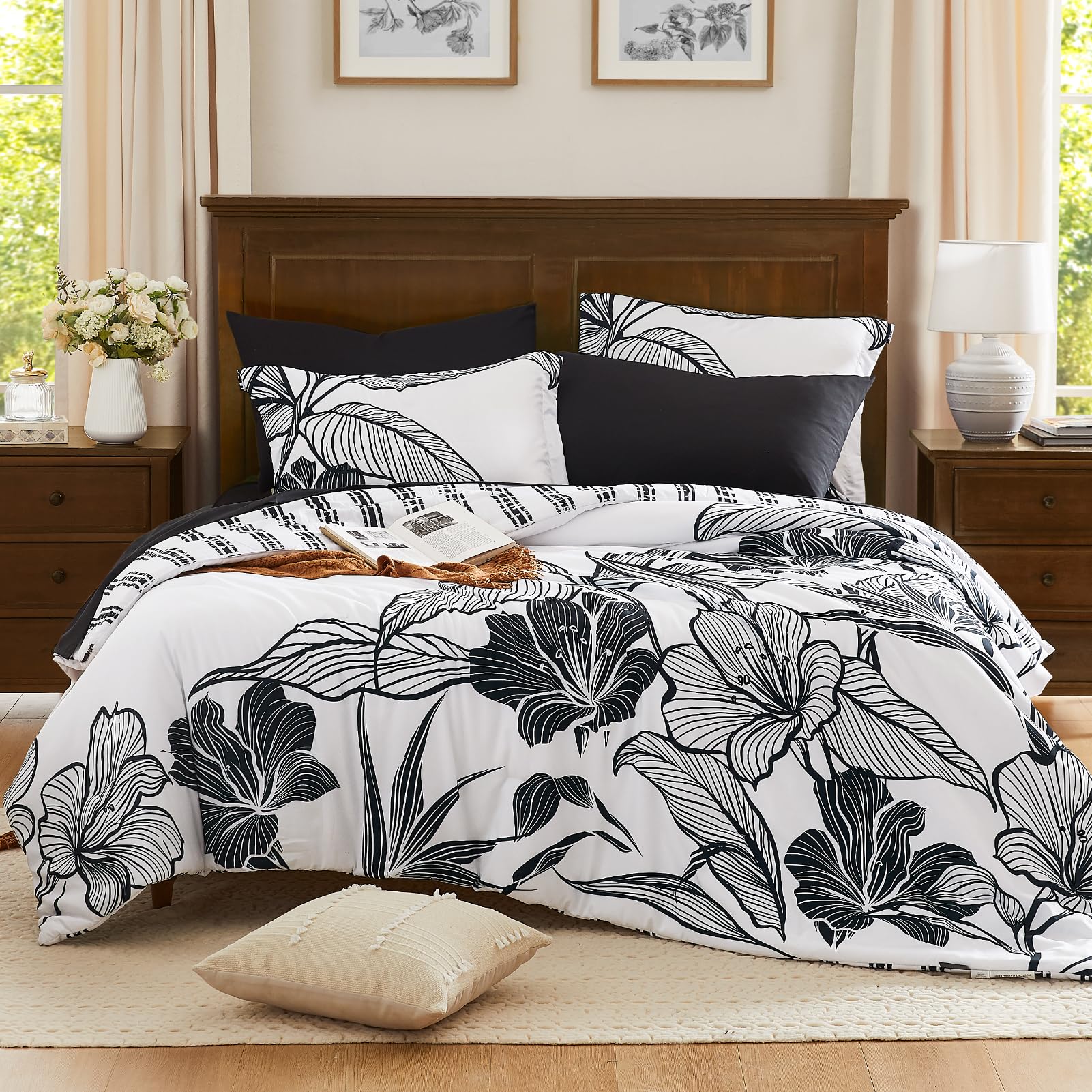Queen Comforter Set, 7 Pieces Black and White Floral Comforter Set
