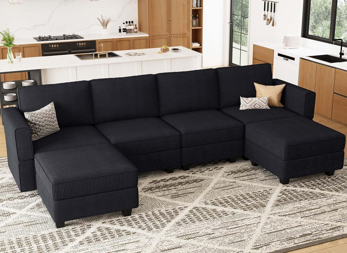 Belffin Modular Sectional Sofa Modern U Shaped Sectional Couch with Storage Seat Modular Couch Corduroy (Black, U Shape Sofa-1)