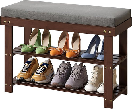 Bamboo Shoe Bench, 3-Tier Shoe Rack with 1.6" Thick Padding, Stable Shoe Organizer