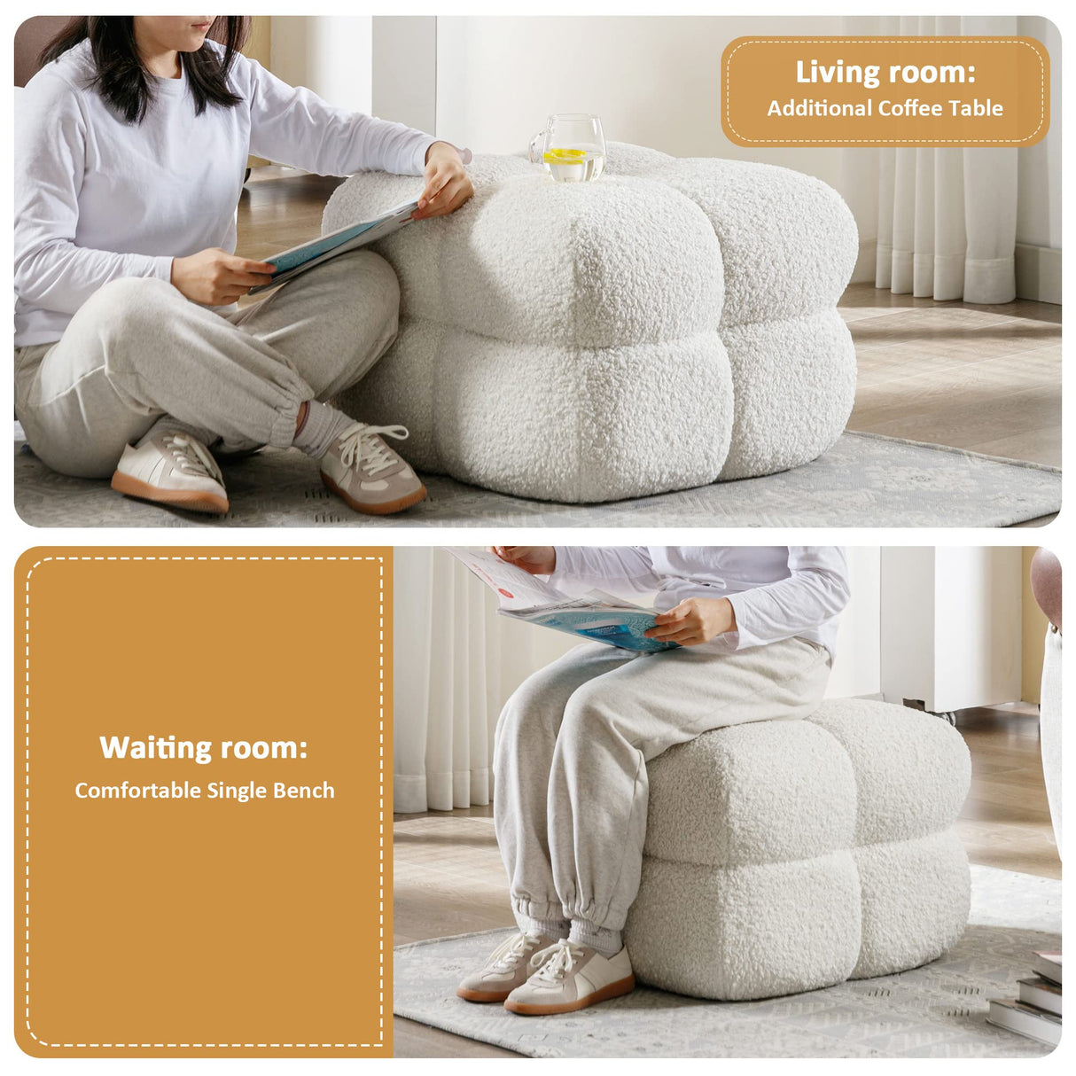 Couch Sherpa Pouf Chair 23.6" W Floor Pouf, White Fuzzy Square Ottoman