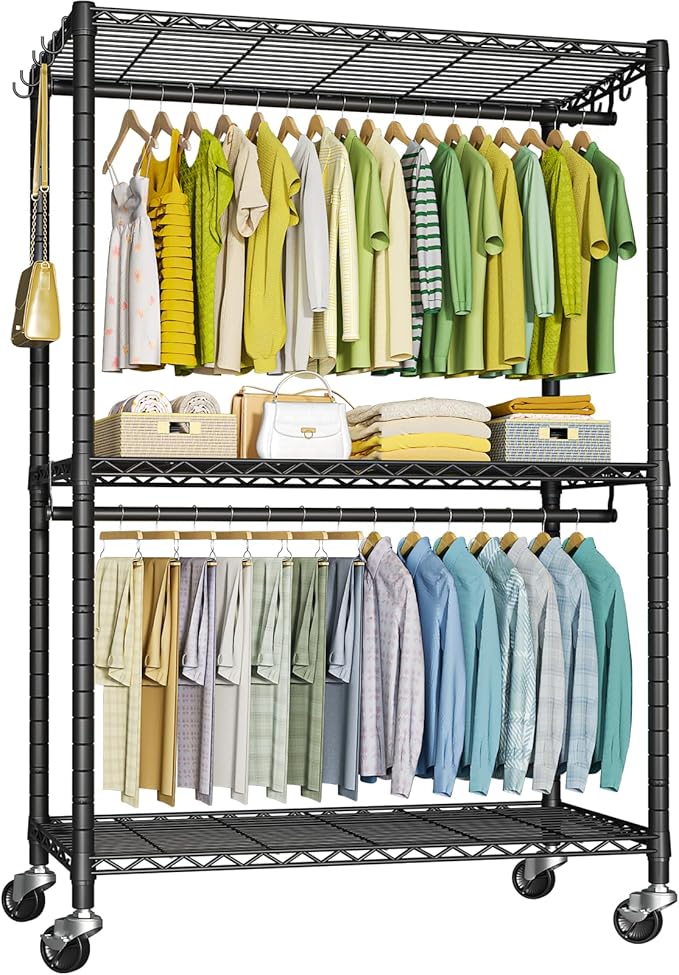 FUTASSI P3 Rolling Clothes Rack, Clothing Racks for Hanging Clothes, Heavy Duty Garment Rack with Wheels, Freestanding Portable Closet Organizer 39.4'' W x 14'' D x 78.5'' H, Max Load 464 LBS, Gold