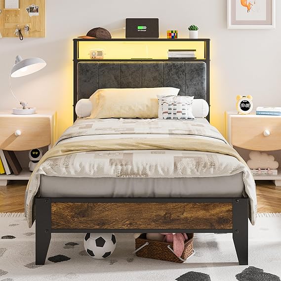 King Bed Frame with Headboard and LED Lights