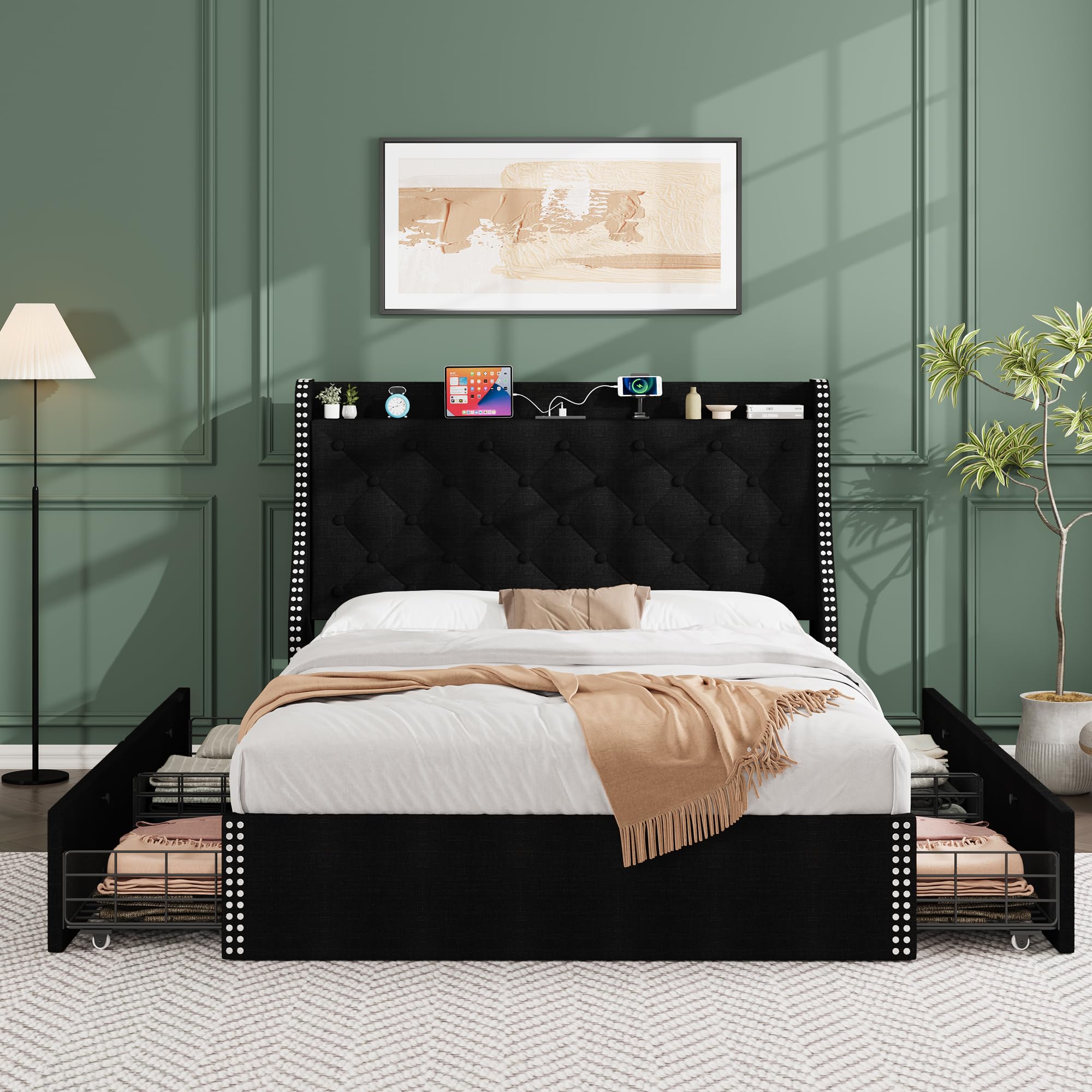 Full Size Bed Frame with 4 Storage Drawers and Wingback Storage Headboard