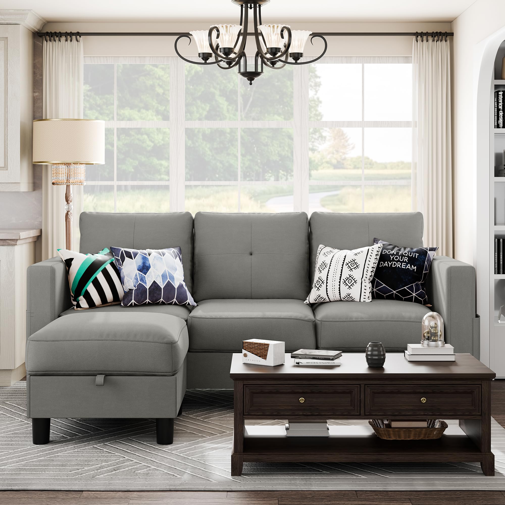 Convertible Sectional Sofa Couch, Modern Linen Fabric L-Shaped, 3-Seat Sofa