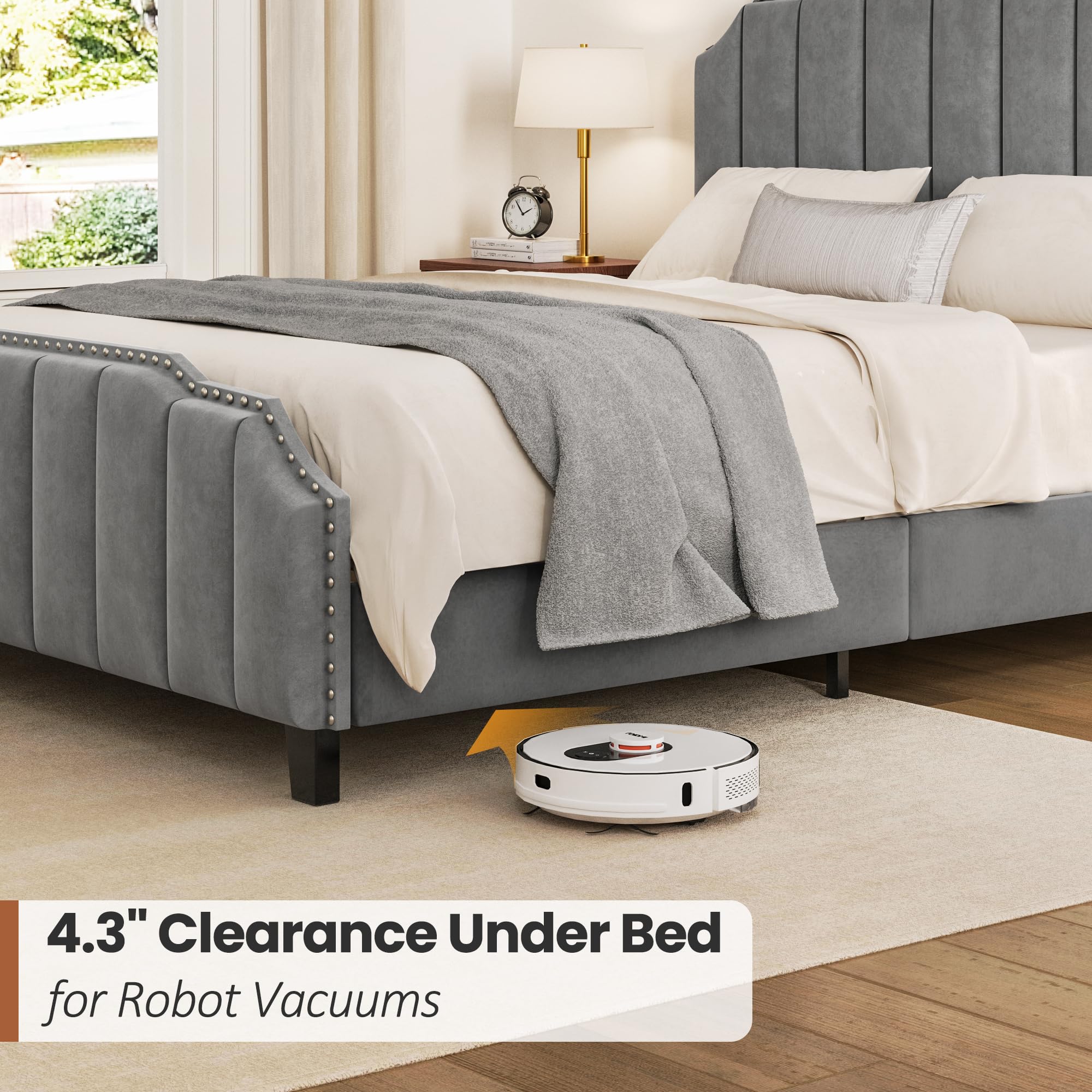 Grey Queen Upholstered Platform Bed Frame with Tall Tufted Headboard