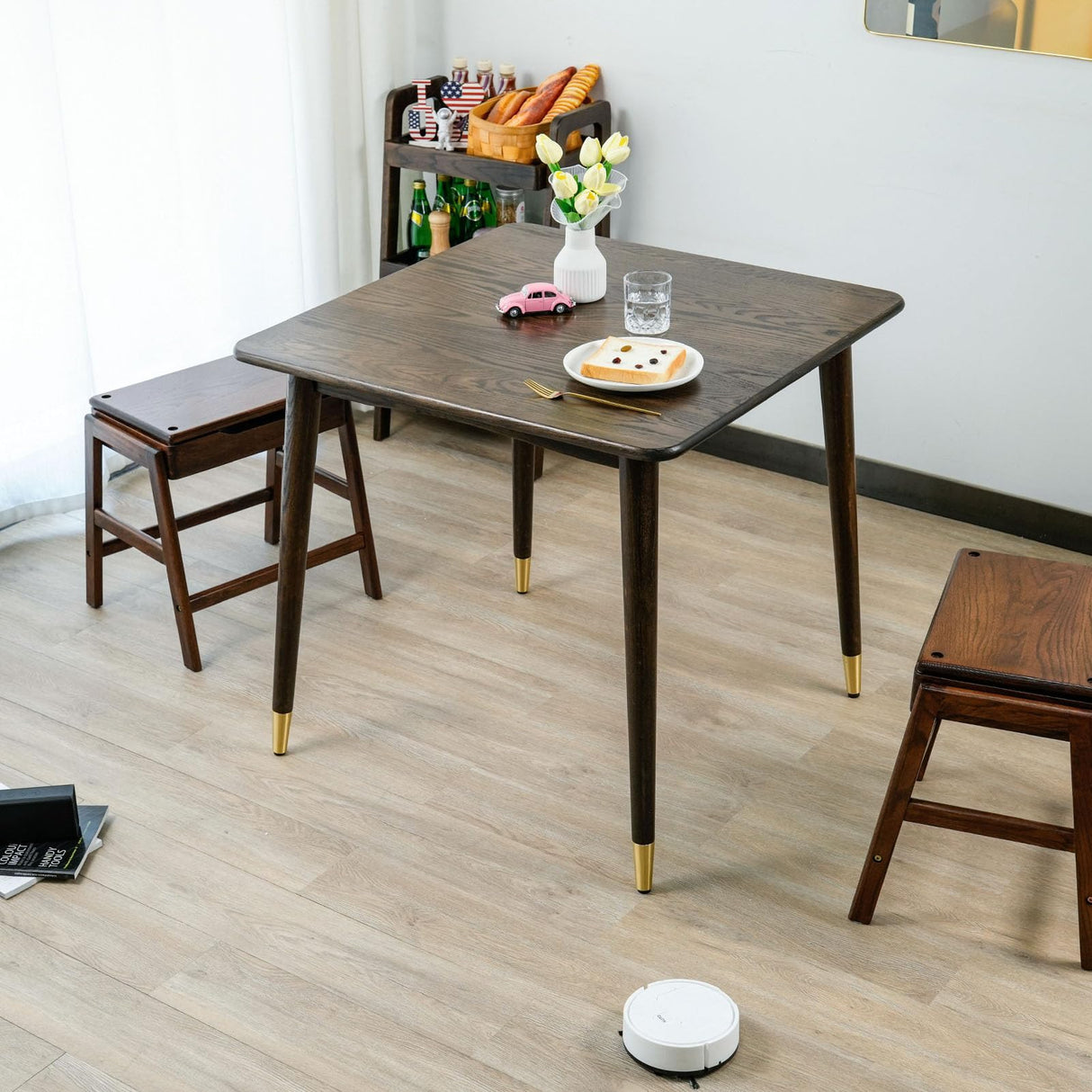 Dining Table 31.5“, Square Small Solid Wood Kitchen Table with Copper Decor for 2, Mid Century