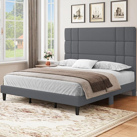 Queen Size Bed Frame Linen Fabric Upholstered Platform with Headboard and Strong