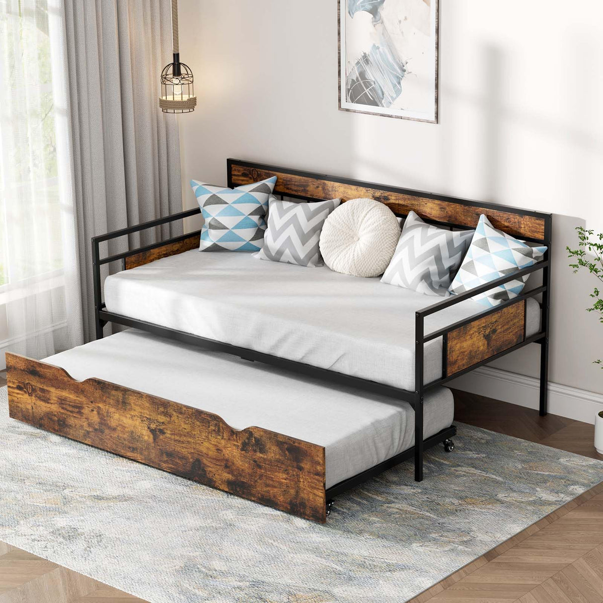 Twin Daybed with Trundle, Rustic Metal Sofa Bed Frame with Wooden Headboards