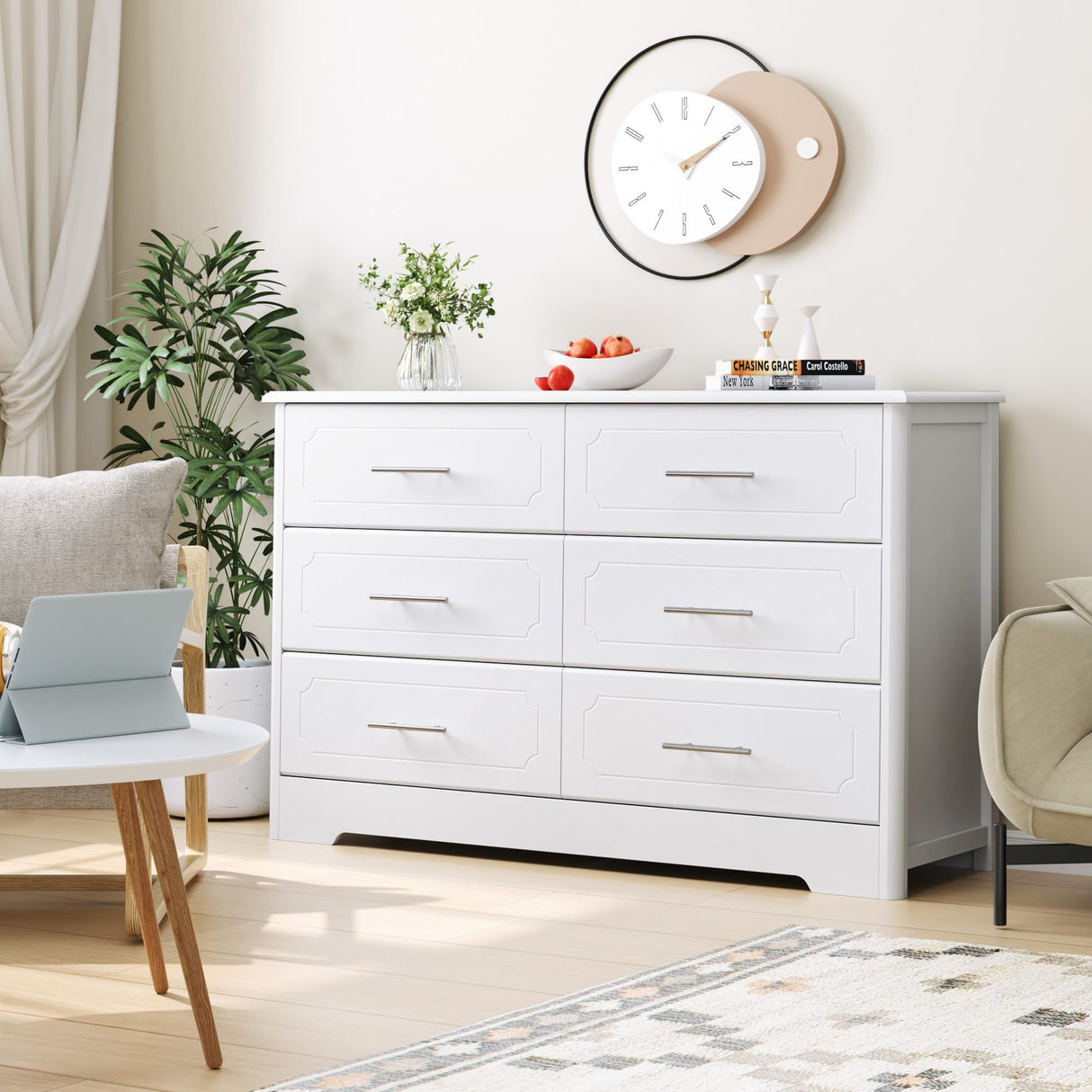 6 Drawer Dresser, Modern White Wide Chest of Drawers with Metal Handels