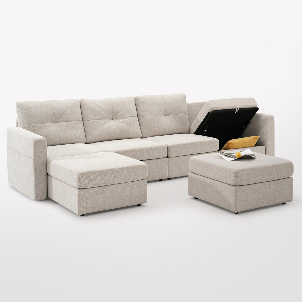 Vorthio 4 Seater with 2 Ottomans Sectional Modular Sofa Couch Upholstered 27.6" Seat Depth Modular Sofas with Storage True Coziness Metal Frame Dual Layer Cushion Sofa Set 121.3" Width Sectional Sofa