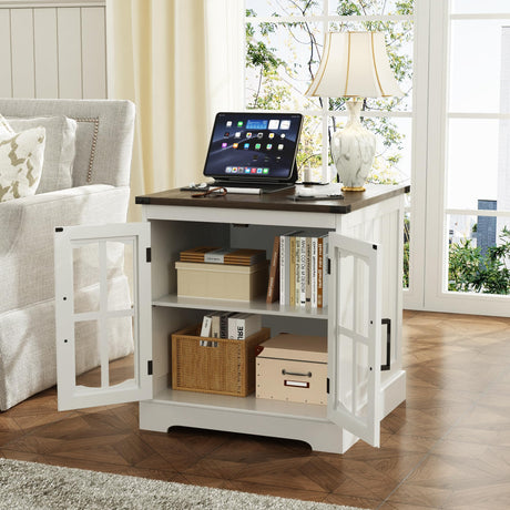 Farmhouse End Table, 24" Large Sofa Side Table with Charging Station & LED Light, White Nightstand with Adjustable Storage Shelf, Square Bedside Table for Living Room, Bedroom, Office