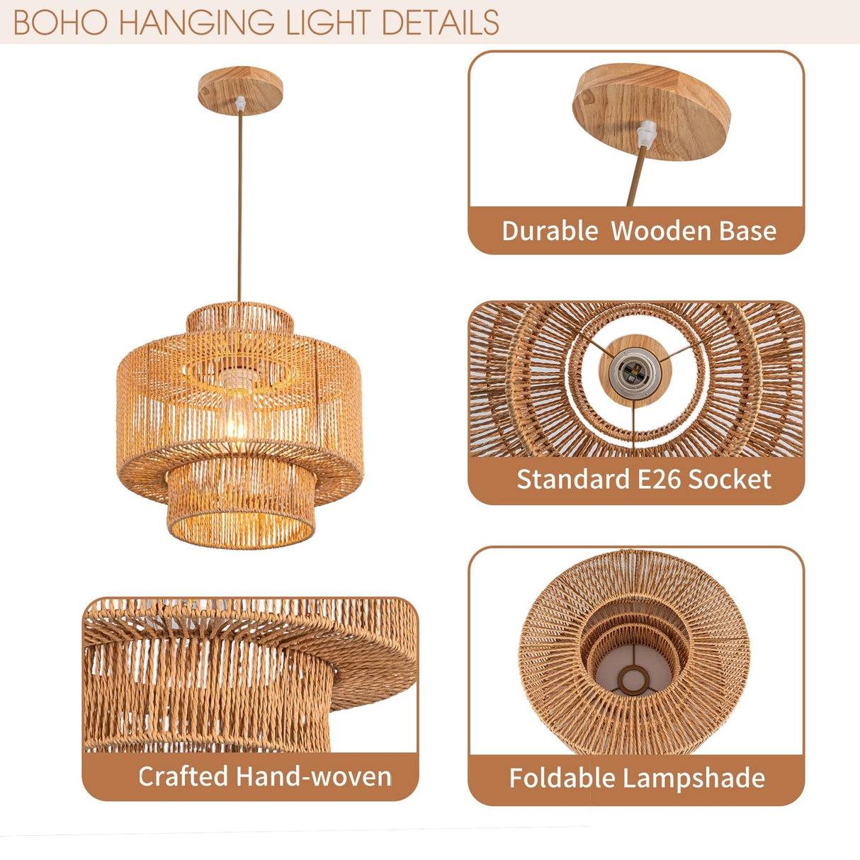 Rattan Pendant Light Fixture Boho Hanging Light Woven Rattan Ceiling Light Adjustable