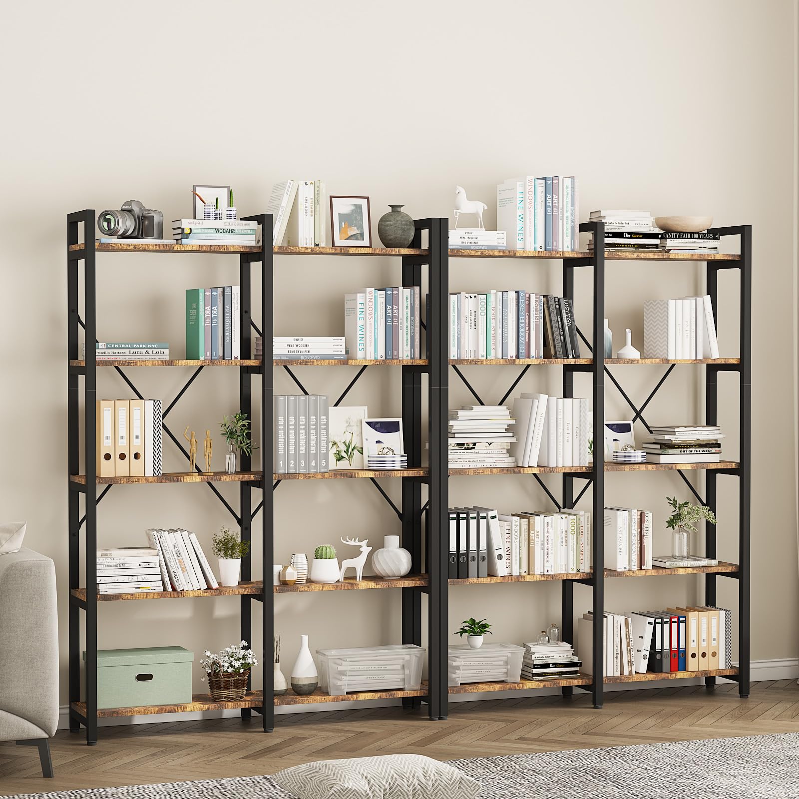 5 Tier, 58.7'' Industrial Wooden Book Shelf with Metal Frame, Large Storage Rack with Open Shelves, Wood Display Bookcase for Home and Office, Rustic Brown