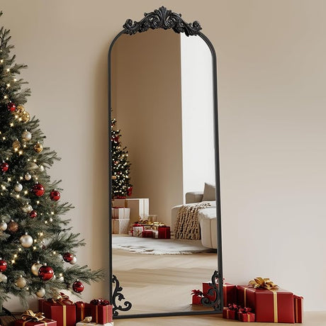 Arched Full Length Mirror, 65"x24" Floor Mirror Freestanding with Carved Metal Frame