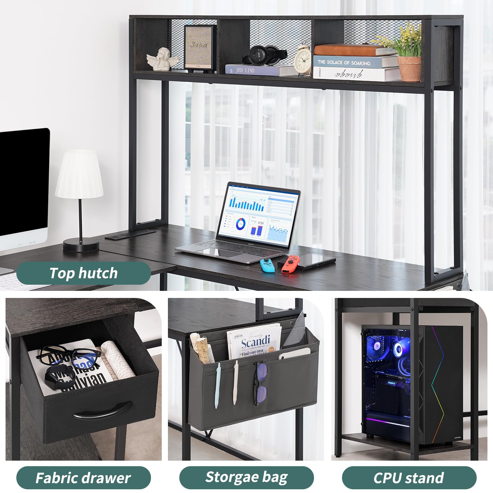 Shaped Desk Gaming Desk with LED Strip & Power Outlet, Reversible L-Shaped Computer