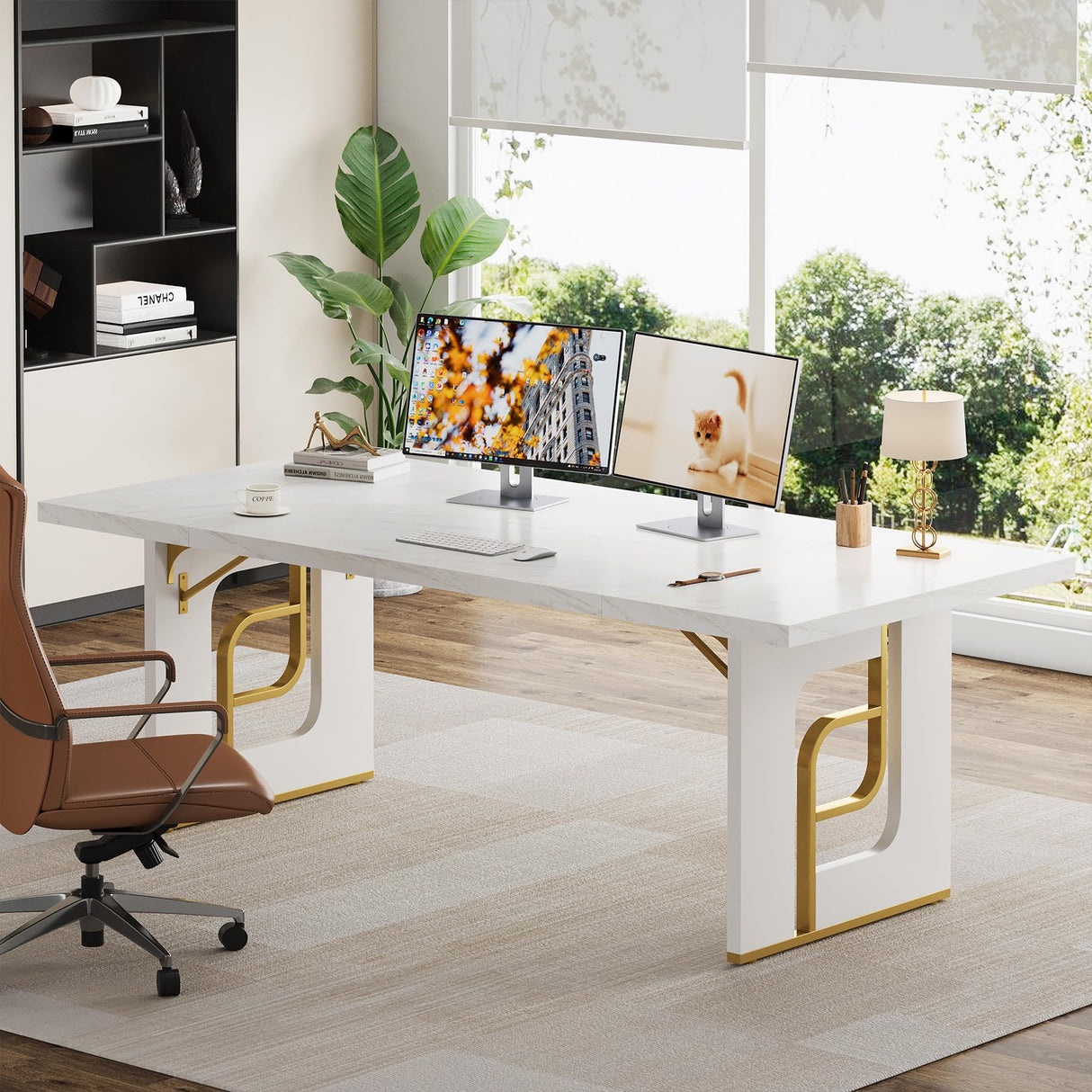 Condemo 71 inch Large Executive Office Desk, Simple Computer Desk Workstation, Modern Study Writing Table, Business Furniture for Home Office, Faux Marble, White and Gold