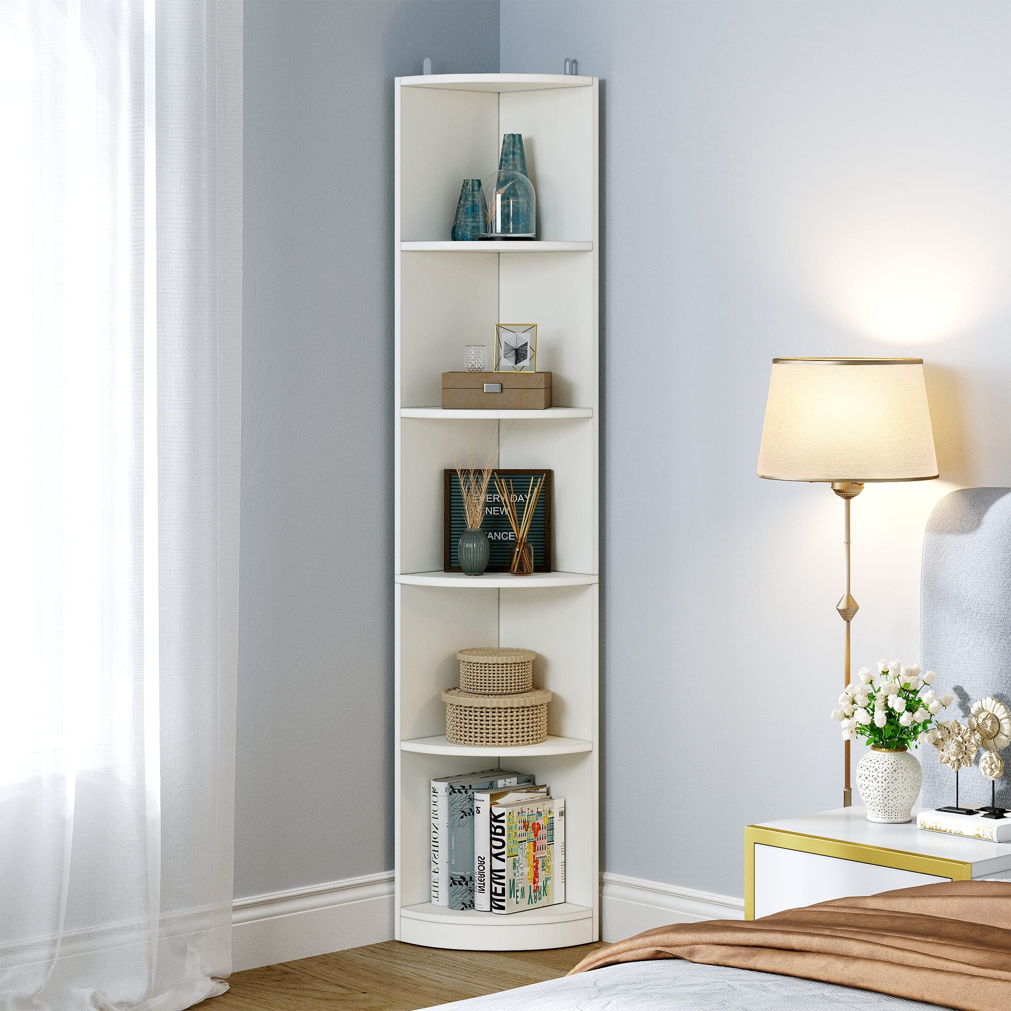 5-Tier Corner Shelf, 70.8" Tall Modern Free Standing Corner Bookshelf, 5 Shelf Display Corner Bookcase and Bookshelves,Wooden Open Storage Book Shelves for Living Room, Home Office, White