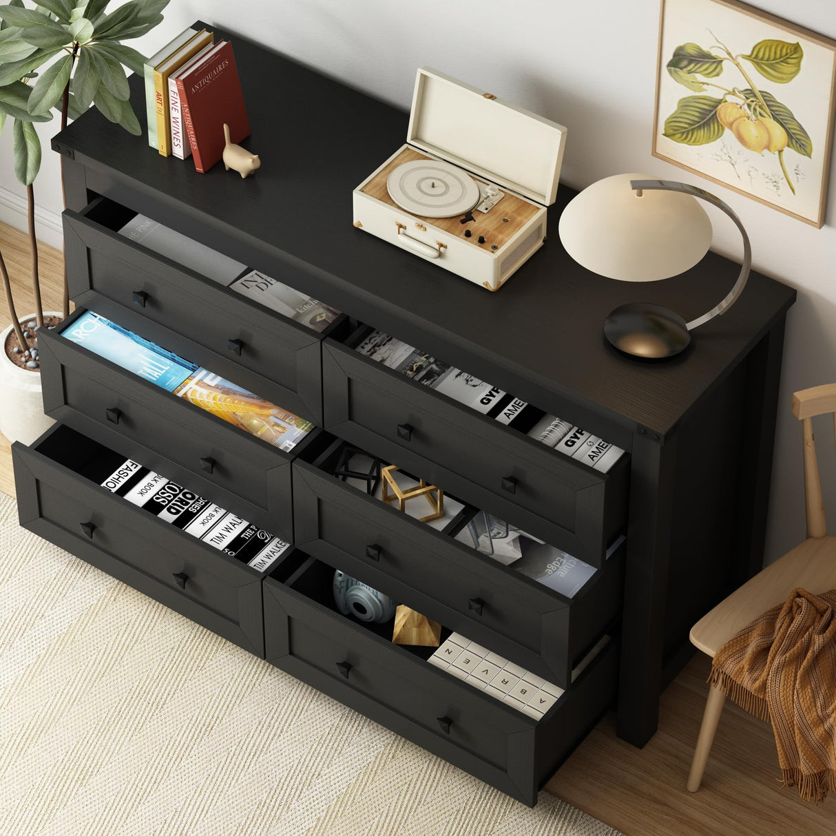 Black 6 Drawers Dresser for Bedroom,Wood Storage Chest of Drawers