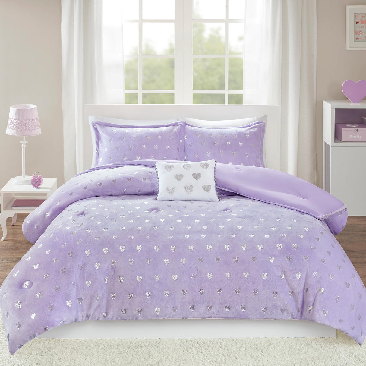 Comforter Set for, Ultra-Soft Microlight Plush Metallic Printed Hearts Brushed Reverse Overfilled Down