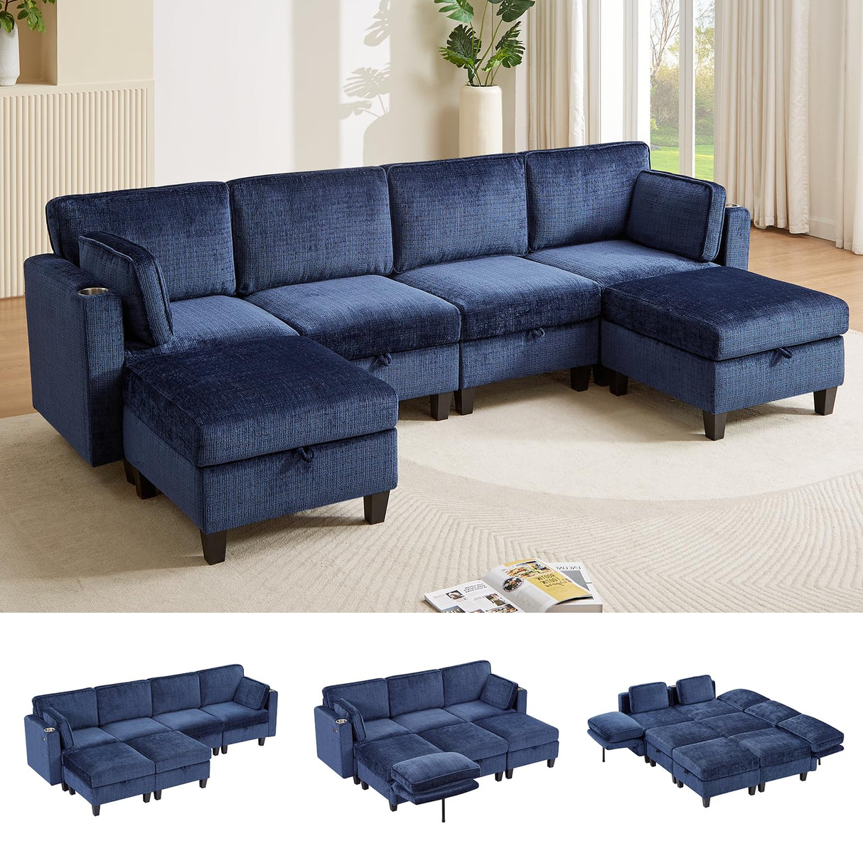 110" U-Shaped Modular Sectional Sofa, Convertible Sleeper Sofa Couch Bed