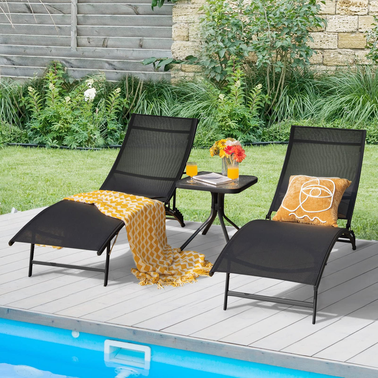 Outdoor Chaise Lounge Set of 2, Foldable Pool Lounge Chairs with 5-Position