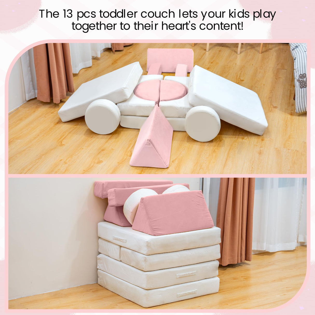 Modular Kids Play Couch, Kids Couch with Washable Velvet Cover, Modular Couch for Boys and Girls, Convertible Foam and Floor Cushion for Nursery Playroom, Pink & Beige