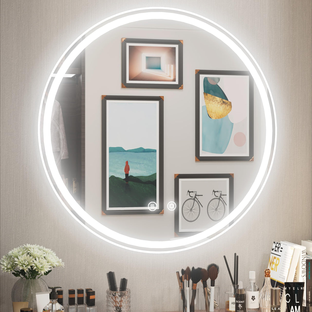 28 Inch Round LED Mirror, Dimmable Round Lighted Bathroom Mirror