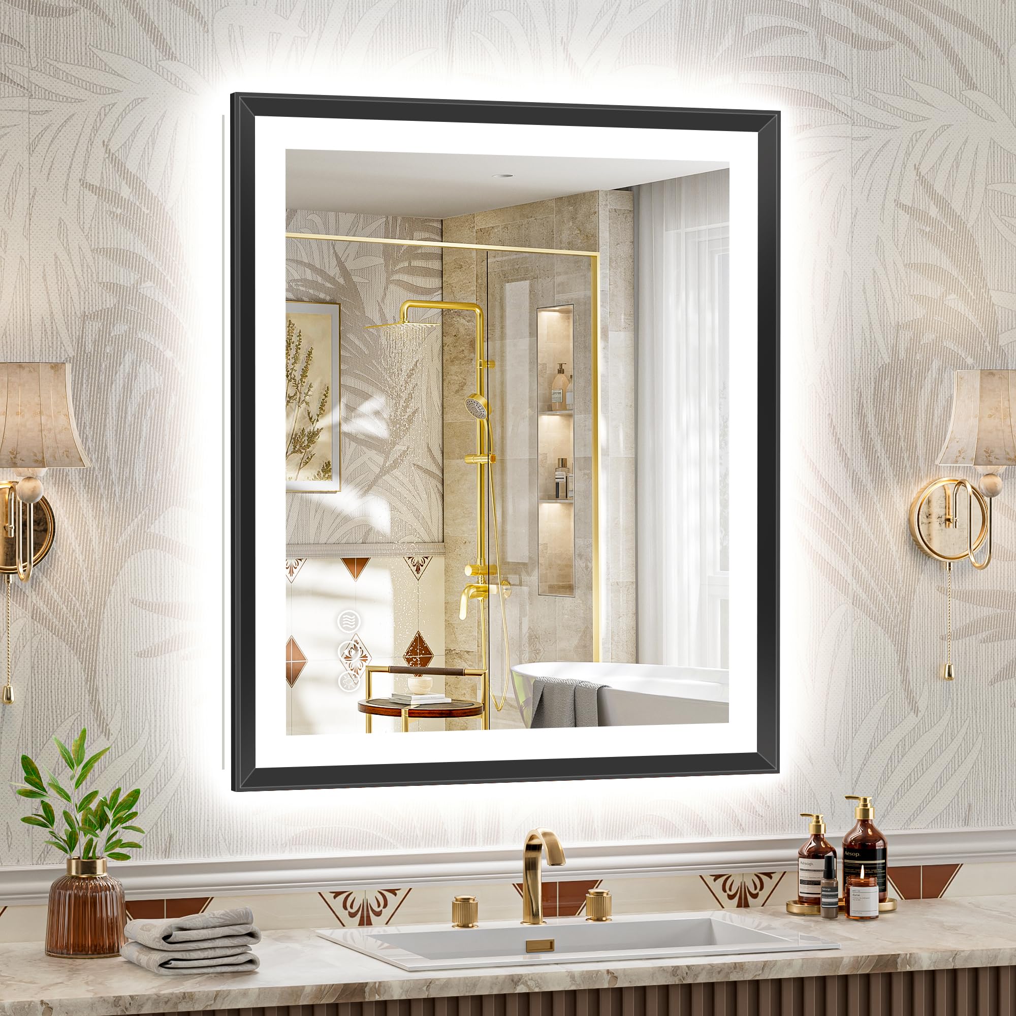 30x36 Black Framed LED Bathroom Mirror - Dimmable with Anti-Fog