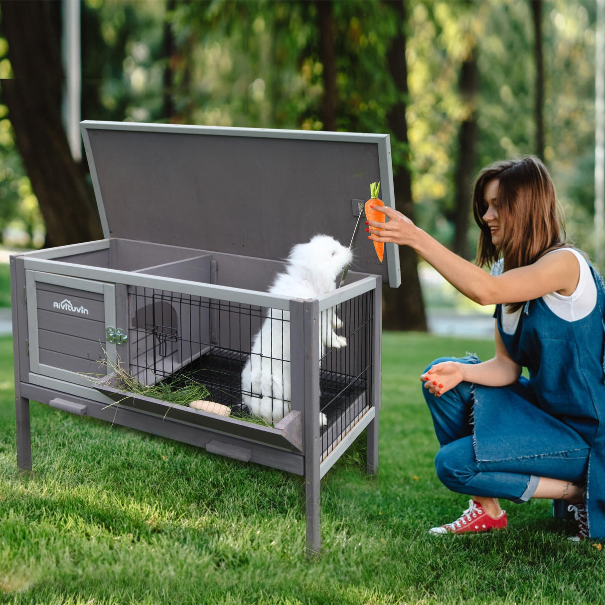 Rabbit Hutch, Wooden Bunny Cages Indoor with Deeper Leakproof Tray - Upgrade