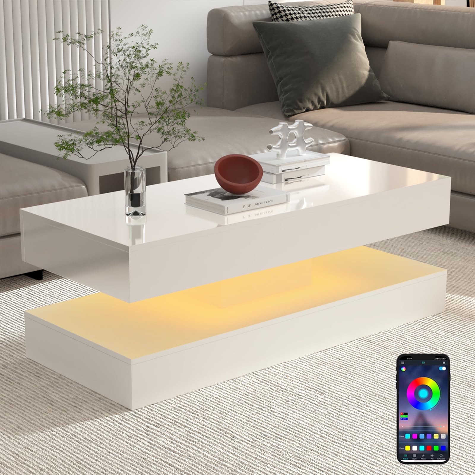 47.3IN High Glossy LED Coffee Table,APP LED Lights,Black/White, Modern Furniture