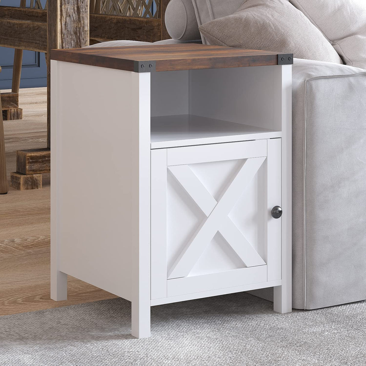 Farmhouse End Table, Rustic End Table with Barn Door and Shelf, White End Tables