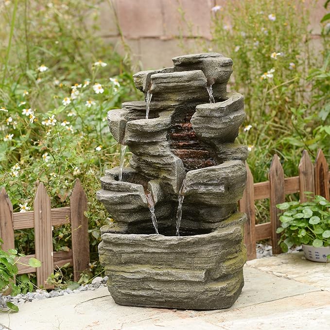 Water Features Outdoor Patio 6-Tier Cascading Rock Water Fountain 31.5''Water Fall