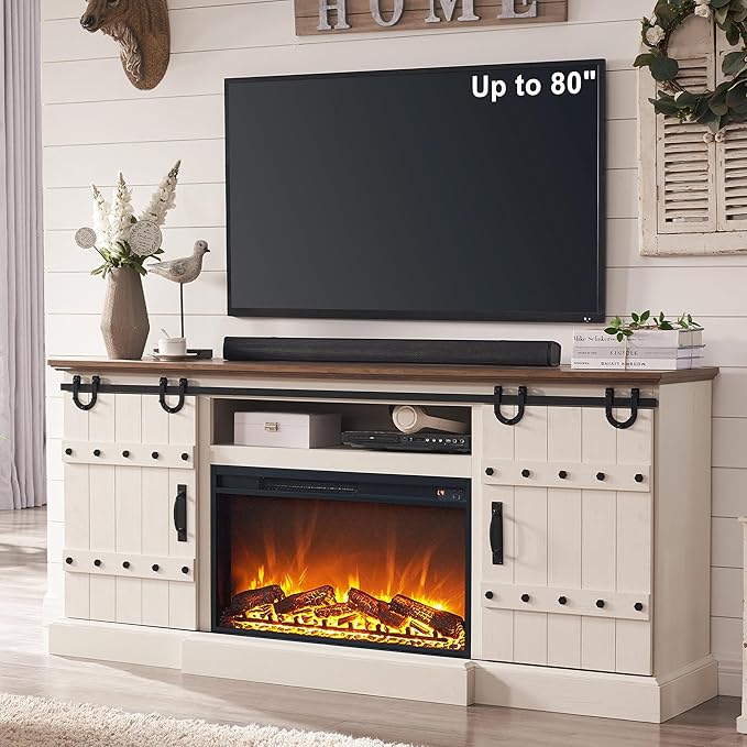 70" Fireplace TV Stand for 75 80 Inch TV, Farmhouse Highboy Entertainment Center