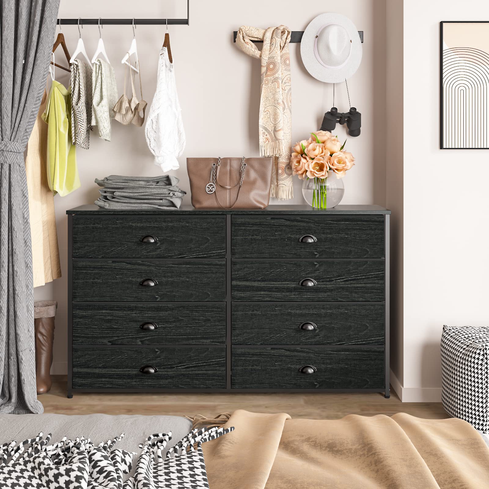 Wide Dresser with 8 Fabric Drawers, TV Entertainment Center with Storage