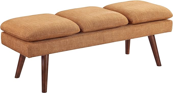 Amanda 54" Mid-Century Bench with Cushions and Solid Wood Tapered Legs,