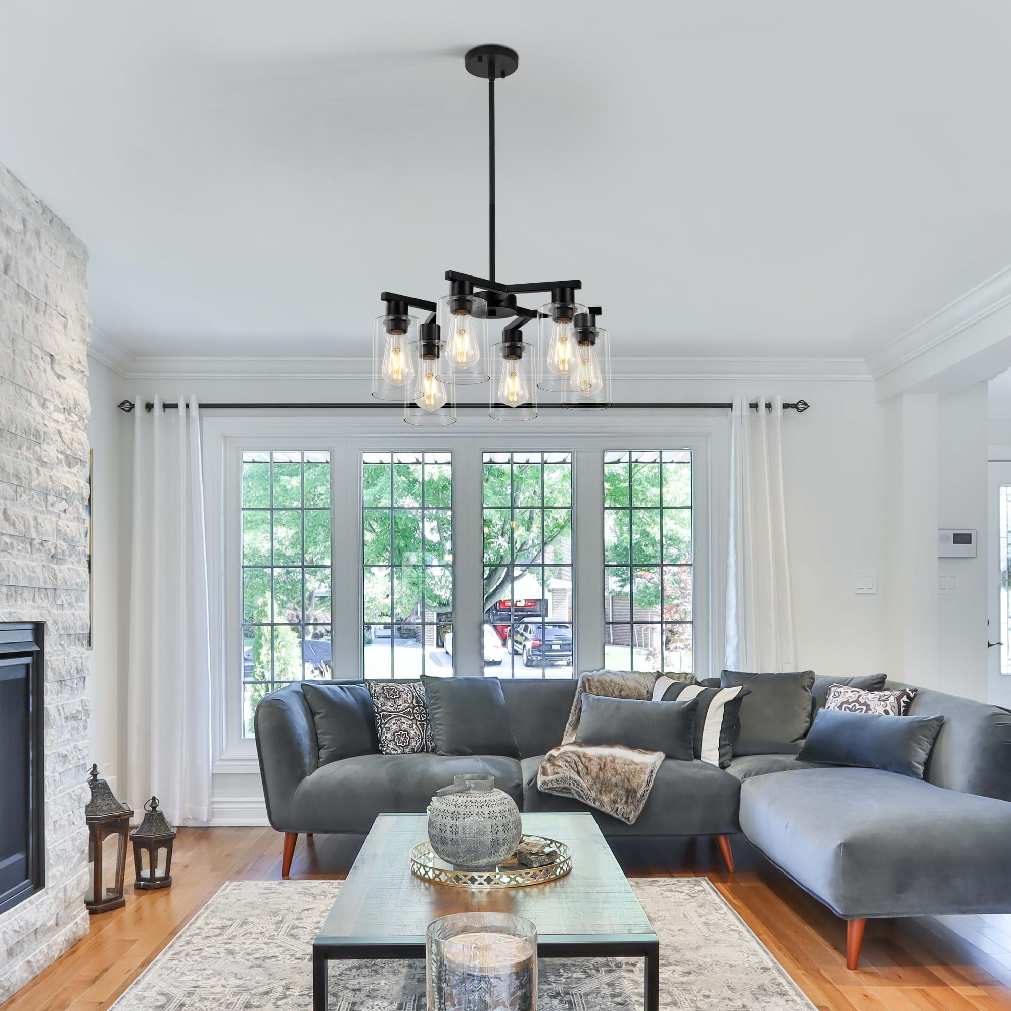 6-Light Black Modern Farmhouse Chandelier for Dining Room Ceiling Light Fixture