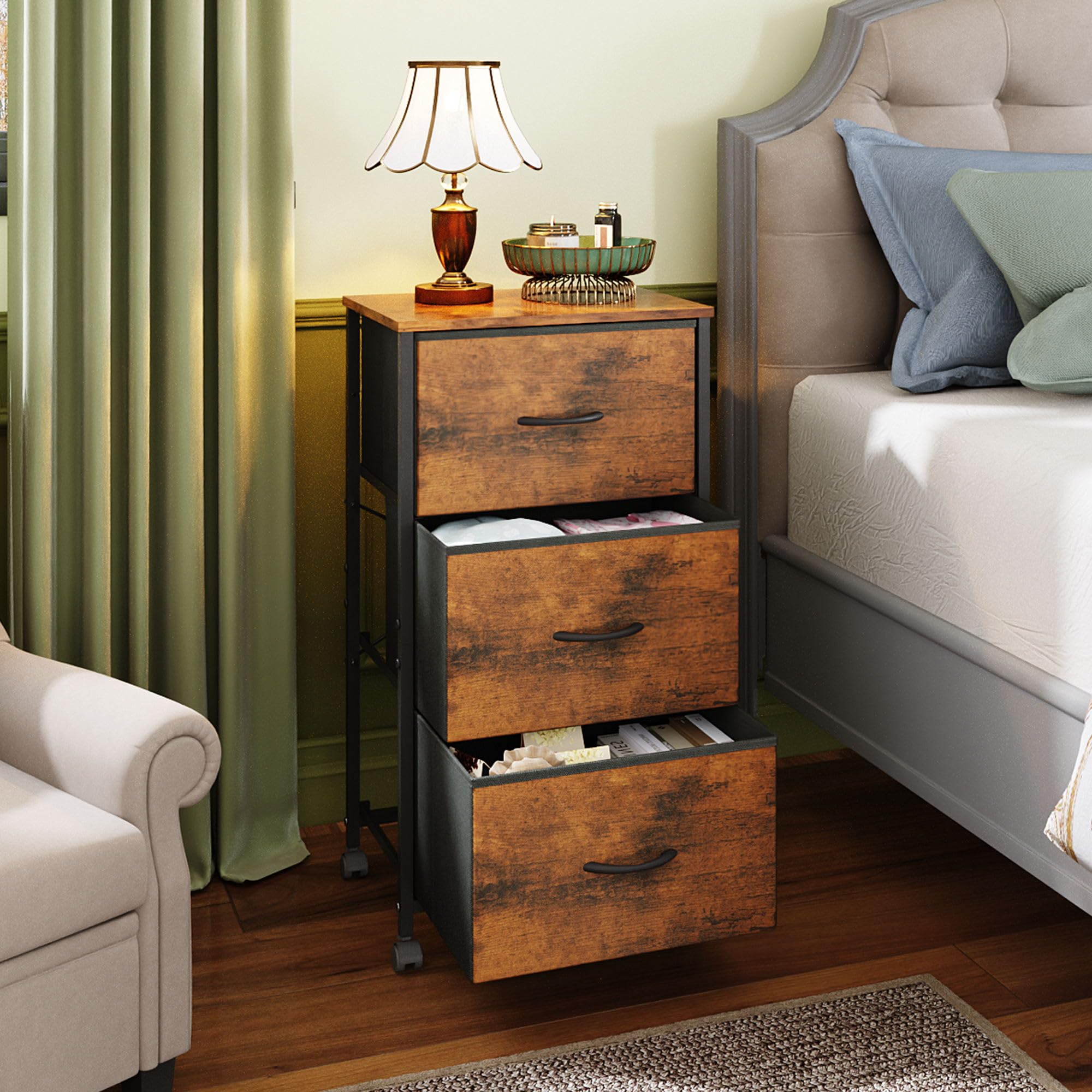 Dresser with 3 Drawers, Fabric Nightstand