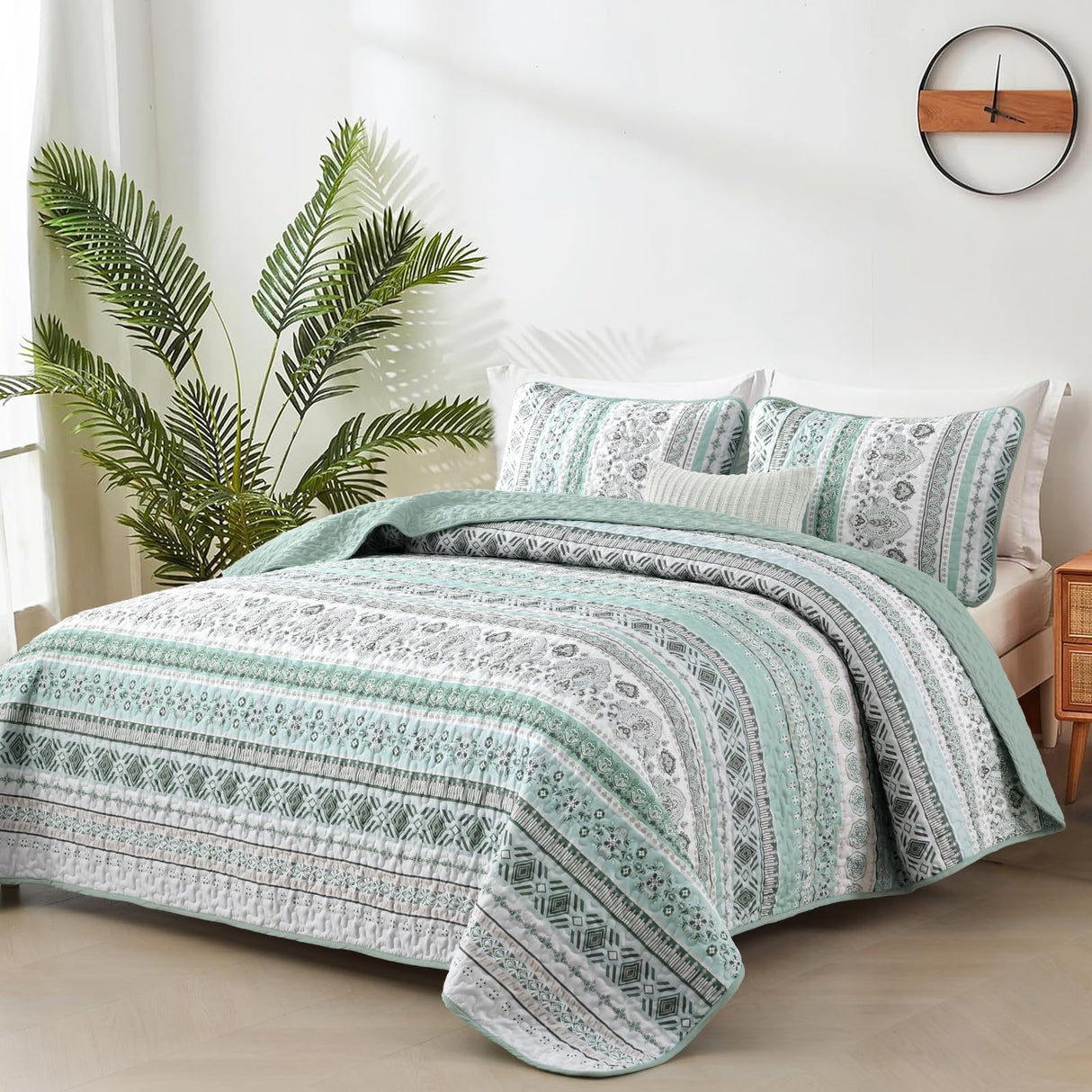 Boho Quilt Set Queen Size,3 Piece Mint Green Bohemian Striped Bedspread Coverlet Set