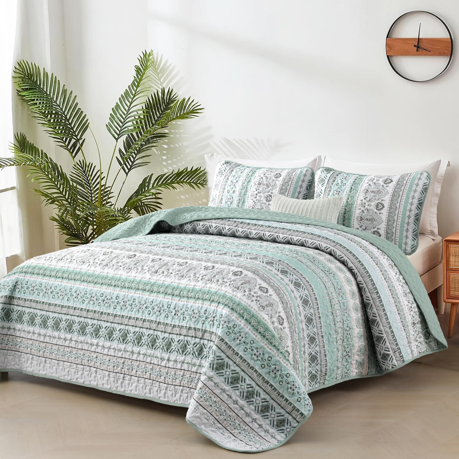 Boho Quilt Set Queen Size,3 Piece Mint Green Bohemian Striped Bedspread Coverlet Set